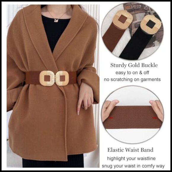 Wide Elastic Belt Gold Buckle Stretchy Waistband Dress Belt Chic Modern main image 5